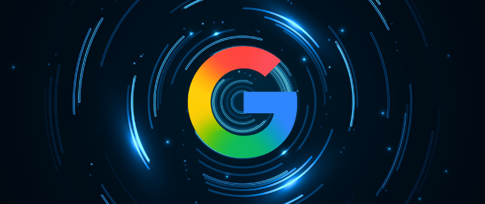 Abstract big data visualization. Blue light circles with sparks around the Google logo.