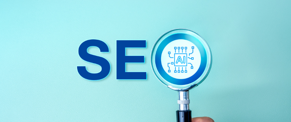 SEO optimization, search engine marketing, with Artificial intelligence assistant tools technology concept. AI chip focused in magnifying glass lens in people hand, with text SEO, on blue background.