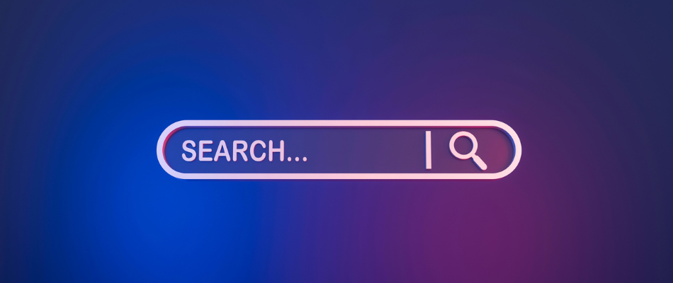 Modern 3D SEO concept with a glowing search bar and magnifying glass, symbolizing digital marketing, search optimization and ranking