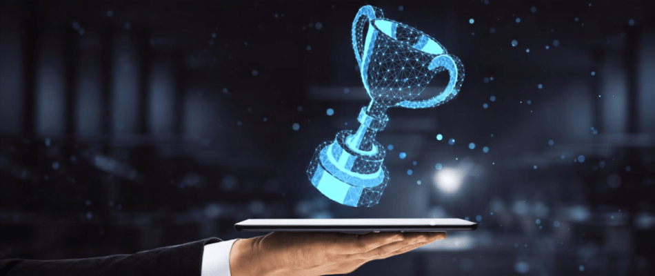 Image of a hand holding a tablet and an AI-rendered trophy extends from the tablet