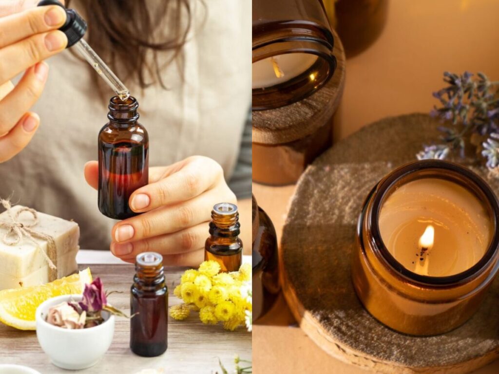 Hands filling an essential oil dropper beside a lit candle in an amber glass jar