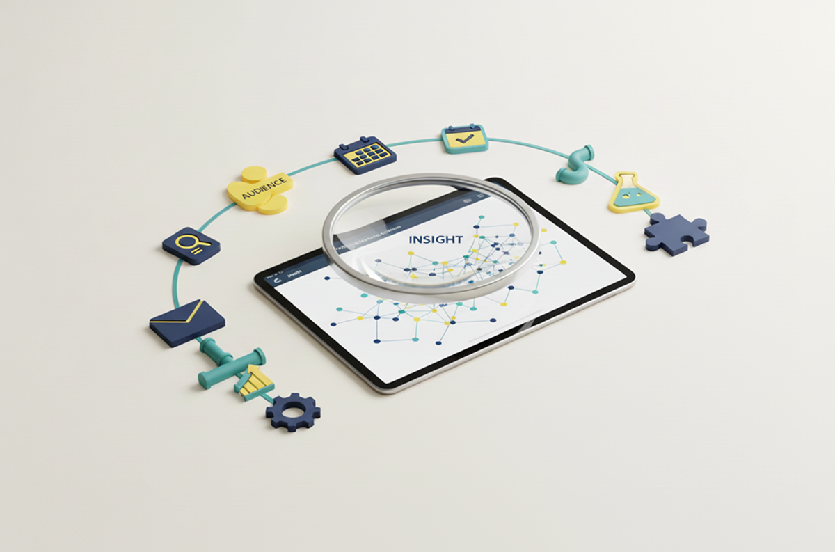 Magnifying glass over a tablet showing a data network labeled "Insight," circled by a roadmap of email marketing icons for an email program audit
