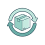 Package circled by refresh arrows, representing replenishment, back-in-stock, and product launch emails