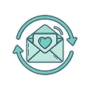 Envelope with a heart circled by arrows, representing win-back and re-engagement emails