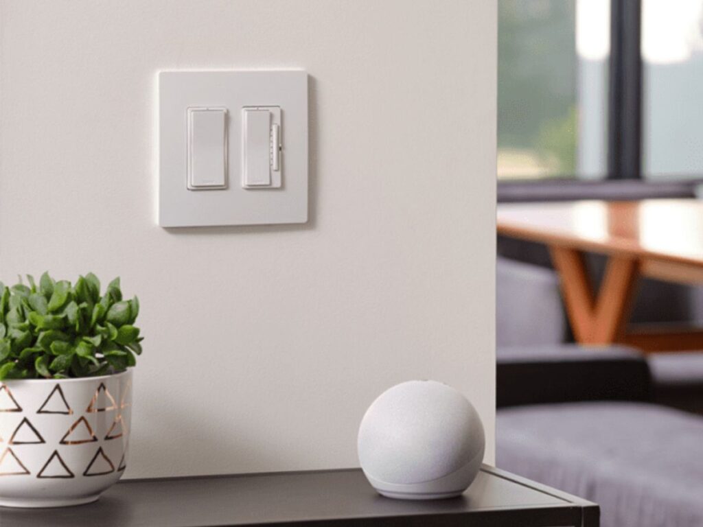 White light switch and dimmer on a living room wall beside a potted plant and smart speaker