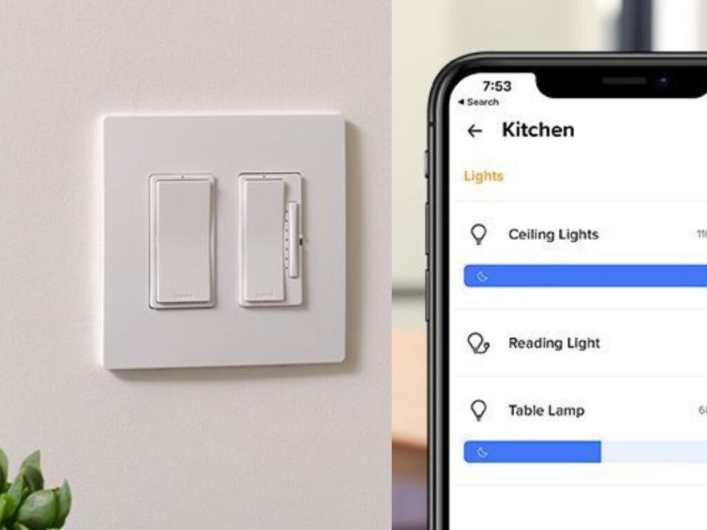 White light switch and dimmer on a wall next to a smartphone app controlling kitchen lights