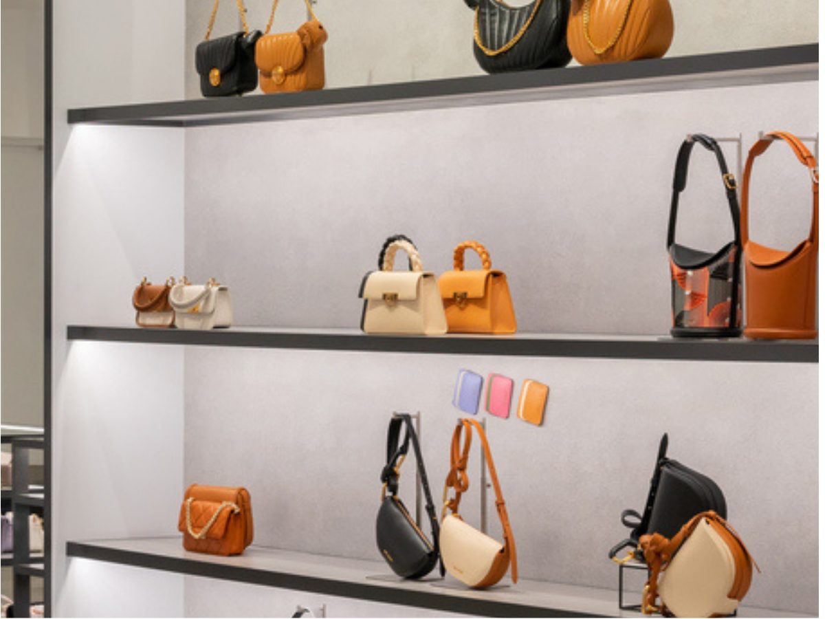Luxury handbags and small leather goods arranged on lit display shelves