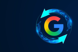 Abstract two arrows go around Google logo on a dark blue background. Google update graphic