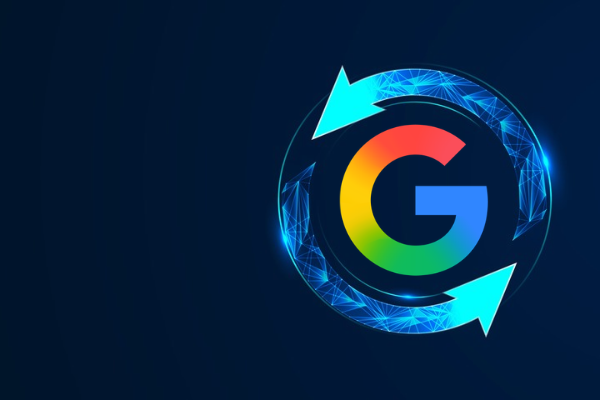 Abstract two arrows go around Google logo on a dark blue background. Google update graphic