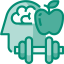 Turquoise icon of apple, weight, and brain.